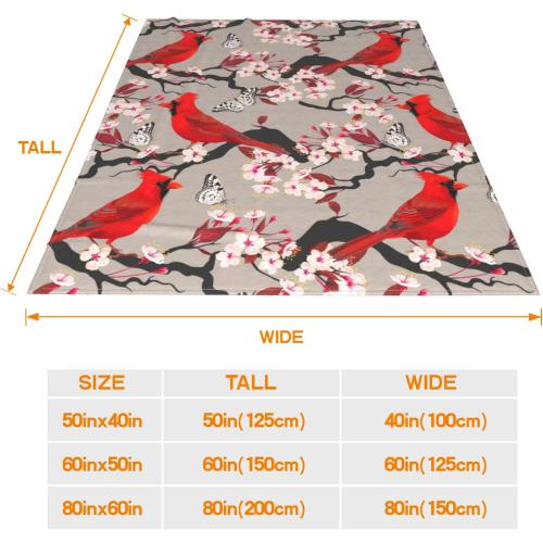 JOOCAR Flannel Throw Blanket Cardinals Birds Cherry Flowers Cozy&Soft Plush Blankets for Bed Couch Living Room Sofa Chair