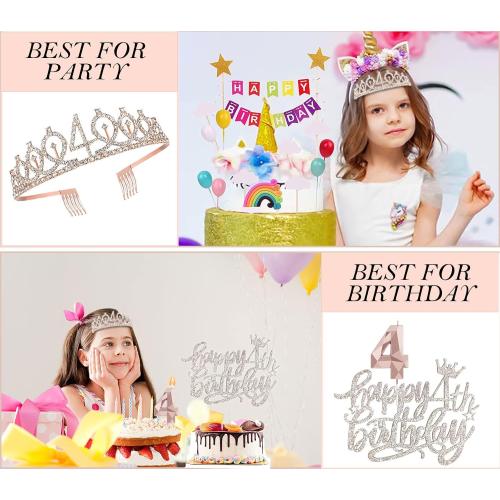 4th Birthday Decorations Girl, Including 4 year old Birthday Cake Topper, Birthday Queen Sash with Pearl Pin, Sweet Rhinestone Tiara Crown, Number Candles and Balloons Set, Rose Gold