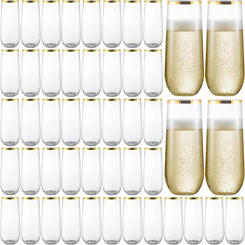 48 Pack Plastic Stemless Champagne Flutes, Disposable Unbreakable 9 Oz Toasting Glasses With Gold rim, Fancy & Shatterproof Champagne Glasses, Ideal for Wedding, Birthday, Party, Easter
