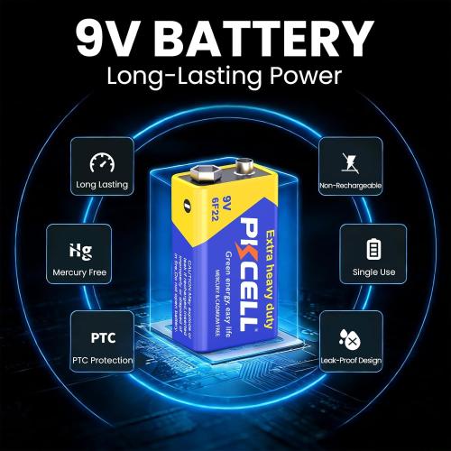 PKCELL 9V Batteries, 10 Pack 9 Volt Batteries Carbon Zinc, 9V Battery for Smoke Detector, Alarms, 6F22 Square Battery