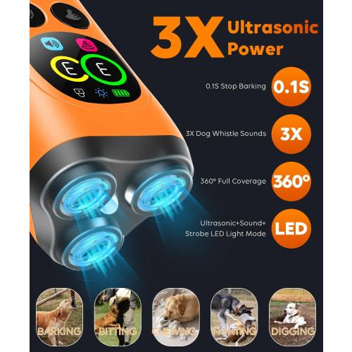 Dog Bark Deterrent Device,3X Ultrasonic Anti Barking with Color LCD Screen,7 Training Modes 35 FT Range Correct Bad Behavior Indoors Outdoors,Safe & Humane Rechargeable Bark Control for Dogs-Orange
