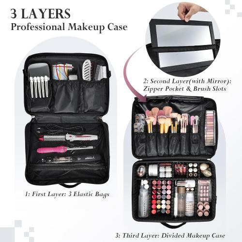 Large Makeup Bag, 17” Makeup Train Case Big Make up Nail Bag Organizer Case 3 Layers Artist Travel Organizer Box Tattoo Carrying Cases Vanity Bag with Mirror/Shoulder Strap/Attach to Suitcase