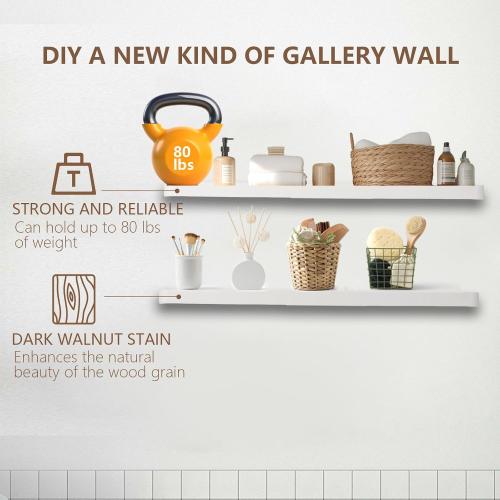 Solid Wood Floating Shelves for Wall, 17Inch Floating Shelves Set of 2, Hanging Shelf with Invisible Brackets, Wood Shelves for Living Room, Bedroom, Kitchen, White