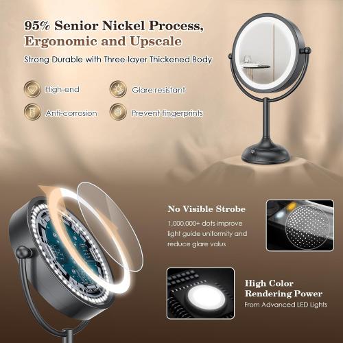 VESAUR Professional 8.5 Lighted Makeup Mirror, 1X/10X Double Sided HD Undistorted Magnifying Mirror with 3 Color 90 Dimmable LED lights, 360° Rotation Vanity Mirror, Unique Black Nickel with Gift Box