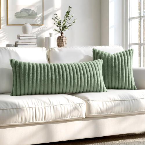 MIULEE Faux Fur Decorative Throw Pillow Covers 18x18 Inch Set of 2, Modern Spring Home Decor Soft Plush Couch Pillows Cozy Fluffy Cushion Covers for Sofa Bed Sage Green