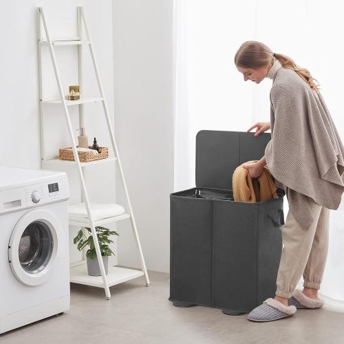 Lifewit Double Laundry Hamper with Lid and Removable Laundry Bags, Large Collapsible 2 Dividers Dirty Clothes Basket with Handles for Bedroom Laundry Room Closet Bathroom College, gray