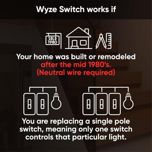 Wyze Switch, 2.4 GHz WiFi Smart Light Switch, Single-Pole, Needs Neutral Wire, Compatible with Alexa, Google Assistant, and IFTTT, No Hub Required, 1-Pack, White