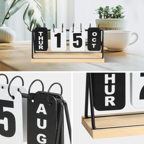 Metal Desk Calendar Standing Flip with Wooden Base, Daily Perpetual Flip Calendar with Large Display, Modern Farmhouse Desktop Calendar for Home Office Decor, Reusable and Foldable