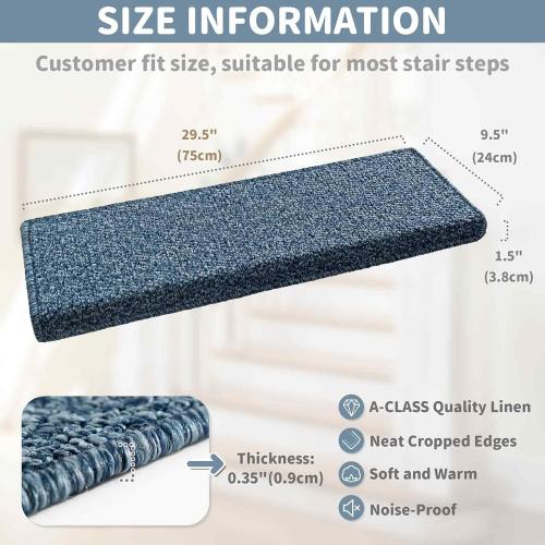 Bullnose Carpet Stair Treads, Non Slip Stair Treads for Wooden Steps Indoor, Stair Runner, Soft Stair Rugs for Pets, Edging Stair Protectors, Washable, 29.5x9.5x1.5 14pcs, Blue