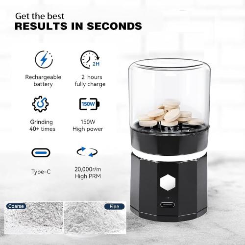 Portable Cordless Electric Pill Crusher, Pill Crusher Grinder Fine Powder, Grind and Pulverize Multiple Pills & Vitamins Extremely Fine for Elderly, Suitable for Travel, Home, Workplace (Black)