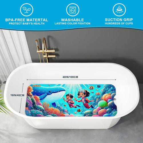 XIYUNTE Baby Bath Mat for Tub Non Slip Kids Bath Mat - 40''x16'' Extra Long Cartoon Coral Baby Bath Tub Mat Eco-Friendly Toddler Bath Mats with Suction Cups & Drain Holes Easy to Clean & Easy Drying