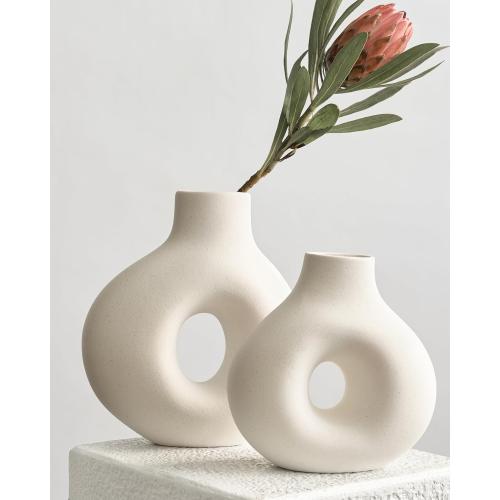 Cream 2pack NOBULA White Ceramic Donut Vases – Modern Home Decor for Living Room, Bedroom & Table Centerpiece - Minimalist Nordic – Unique Vases for Olive Plant & Flowers – Decorative Coffee Table Vase Set of 2