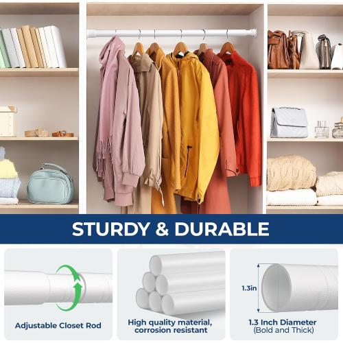 Mavivegue White Closet Rod, 17 to 99 Inches Adjustable Closet Rods for Hanging Clothes, 1.3 Inches Closet Hanging Rod Heavy Duty Tension Rod for Closet Wardrobes Laundry RV, Bathroom