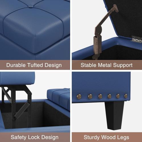 Ottoman Stool Square Ottoman Storage Bench Faux Leather Lift Top Upholstered Footrest Stool for Living Room(Blue)