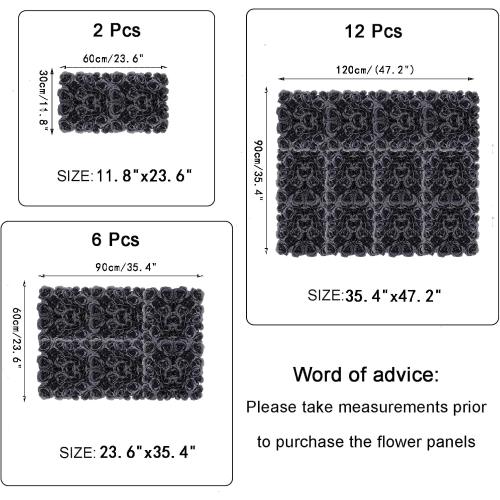 Black Silk Rose Flower Panels Wall, 12 Pcs Artificial Flowers Decoration for Welcome Table, Party, Anniversary, Church Wall, Stage Background, 25x25cm