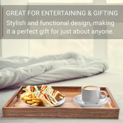 2pk Acacia Wood Serving Tray with Handles – Decorative Serving Trays Platter for Breakfast in Bed, Lunch, Dinner, Patio, Ottoman, Coffee Table, BBQ, Party –Great for Lap &Couch