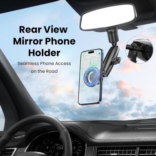 Magnetic Phone Holder for Car, Rear View Mirror Phone Holder, 360° Rotating Car Phone Mount, Compatible with iPhone 17/16/15/14/13/12 Series and All Phones with Magsafe Case or Metal Ring
