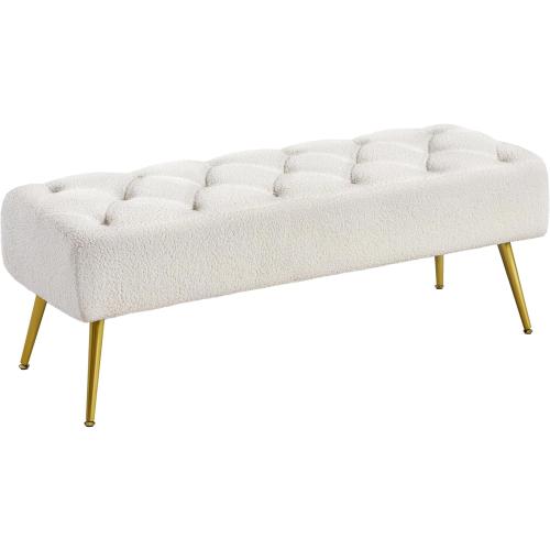 Yaheetech Modern Ottoman Bench Boucle Bench Upholstered Footrest for Living Room with Gold Metal Legs and Padded Seat Ivory