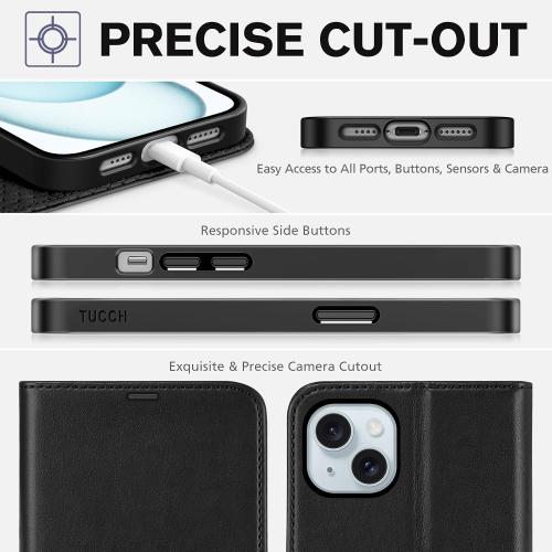 TUCCH Wallet Case for iPhone 15 Plus (6.7) 2023, 4 Card Holders, Black