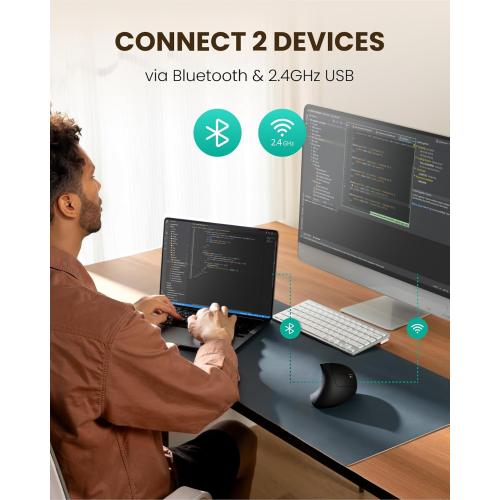 POJTK Ergonomic Wireless Rechargeable Mouse, Bluetooth USB A Type C(3 in 1) Connection, 5 Levels Up to 4800 DPI, 6 Silent Buttons, 2.4GHz Carpal Tunnel Vertical Mice, for Laptop, Desktop,MacBook-black