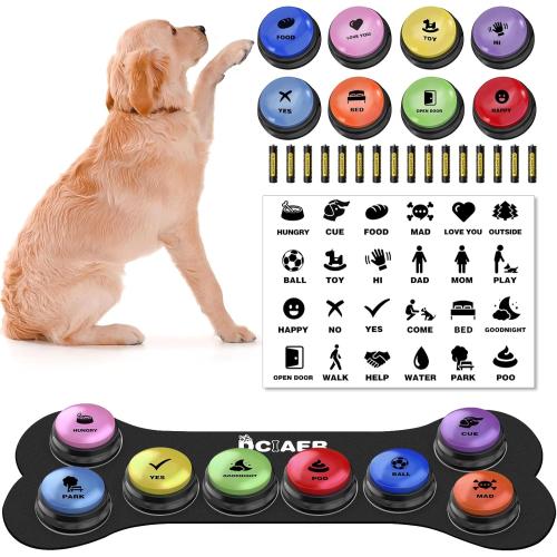 8 Pack Dog Buttons for Communication,Talking Buttons for Dogs,8 Recordable Sound Buttons   24 Scene Patterns   1 Dog Button Mat  16 AAA Batteries，30 Seconds Dog Buttons for Pet Sound Training Toy