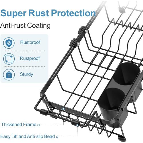 iSPECLE Small Sink Dish Drying Rack, 9 W Expandable Compact Rust Resistant Dish Drainer for RV Apartment Kitchen, Dish Rack with Lock Knob, Arms with Non Slip Rubber, Black
