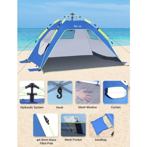 Glymnis Pop Up Beach Tent Sun Shade Shelter for 3-4 Person with UPF 50 , Lightweight & Easy Setup, Vent Windows & Zippered Door, Extended Floor Family Instant Beach Tent