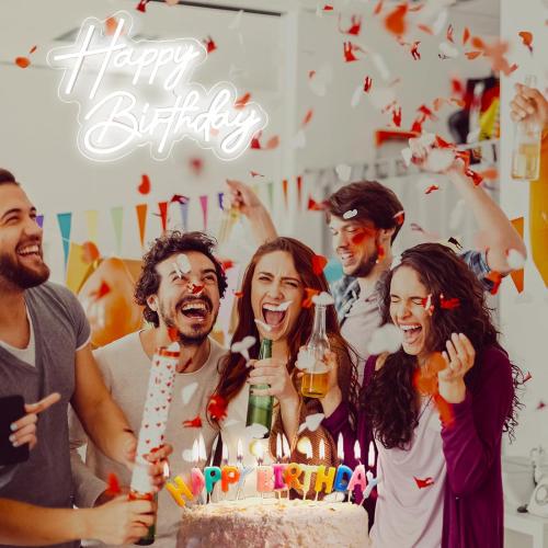 Happy Birthday Neon Sign for Wall Decor, 17×12 Inch White Led Neon Light Signs, Art Decoration Happy Birthday Neon Light Sign for All Birthday Party Decoration with 2 Pcs Pasters