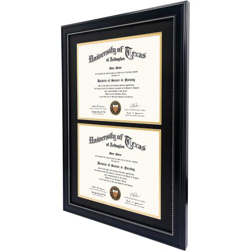 GraduationMall 14x20 Double Diploma Frame, Display 8.5x11 Certificate with Black over Gold Mat,UV Protection Acrylic,Black with Silver Beads