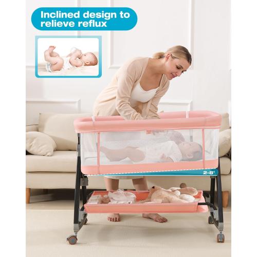 Bedside Bassinet for Baby, 3 in 1 Breathable Mesh Baby Bassinet, 6 Height Adjustable, Easy to Assemble, Bassinet Bedside Sleeper with Wheels, Mosquito Net, Storage Basket, Bassinets for Newborn Baby | Multi-functional