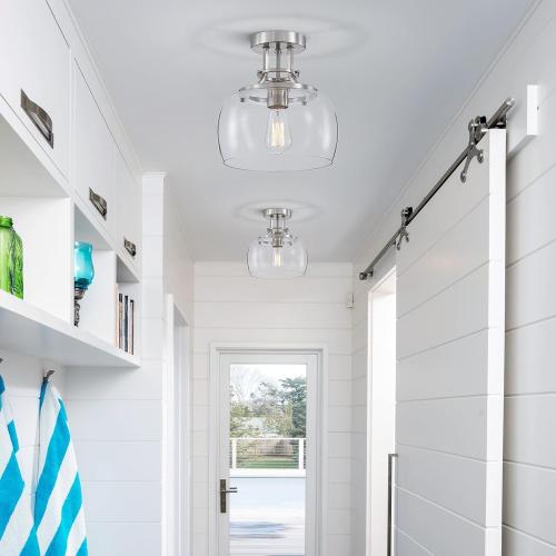 WUZUPS Chandelier Rustic Farmhouse Industrial Round Semi-flushmount Ceiling LED Light Fixture with Clear Glass Shades for Bathroom Kitchen Foyer Entryway, H 10 x W 10, E26 Base, Brushed Nickel