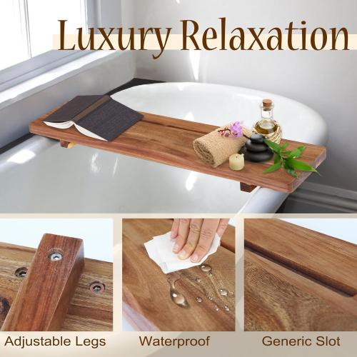 Premium 1.2IN Thickened Board Acacia Wood Bathtub Tray Caddy with Adjustable Legs, Minimalistic Design Bath Tray for Tub, Bathtub Accessories, Fits Most Bath Tubs, Idea for Women