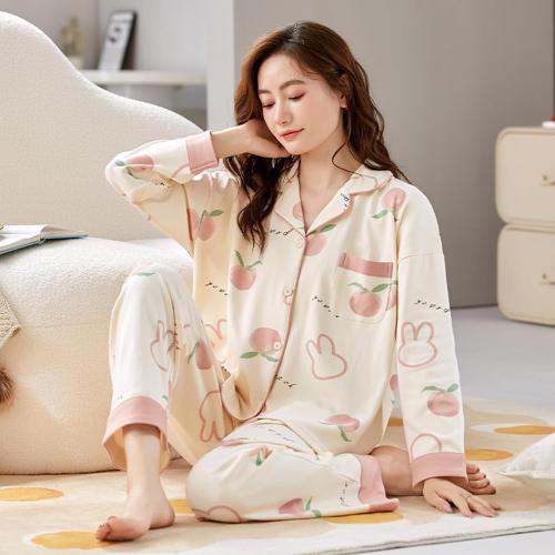 Kawaii Pajamas for Women Medium Autumn Ladies Cardigan Cotton Pajama Korean Lapel Sleepwear Long Sleeve Loungewear