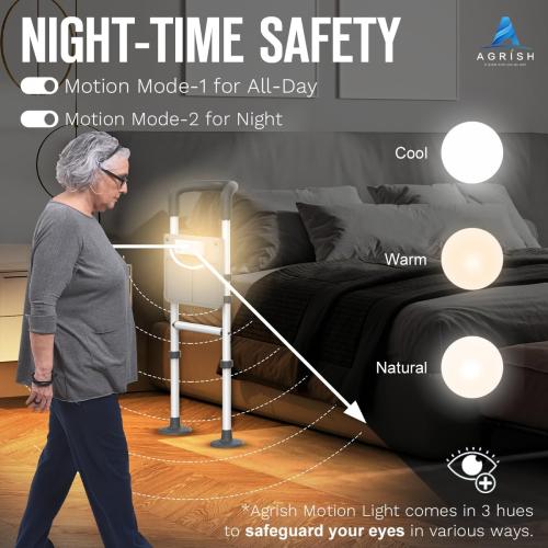 Agrish Bed Rails for Elderly Adults Safety - with Motion Light & Storage Pouch, Bedside Assist Bar with Support Legs for Seniors & Surgery Patients - Medical Bed Rail