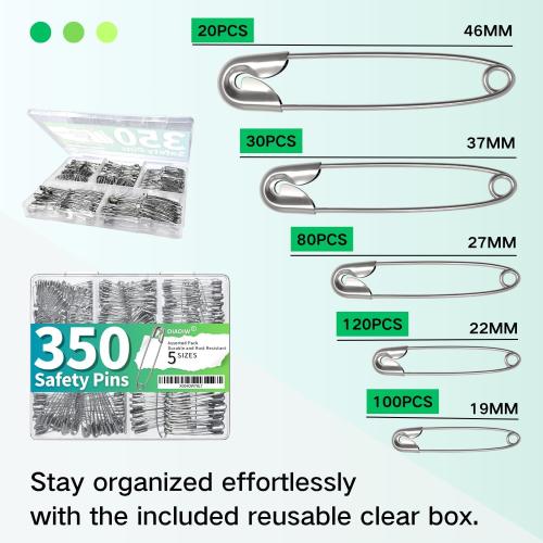 350 Pack Silver Safety Pins for Clothes 5 Assorted Sizes Strong Heavy Duty