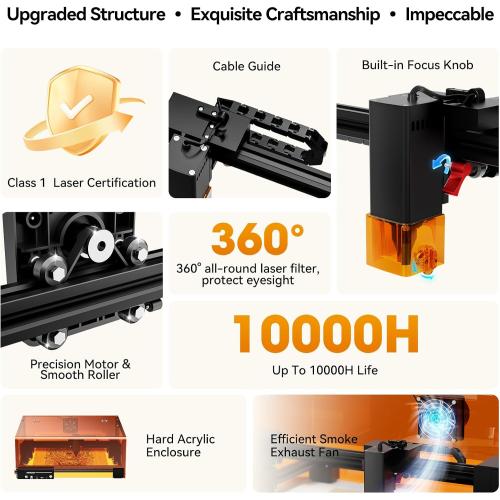 Laser Engraving Machine, Woxcker L2 MAX 10W Enclosure Laser Engraver, CNC Engraving Machine 0.01mm High Precision Laser Engraving and Cutting for Wood Stainless Steel Glass