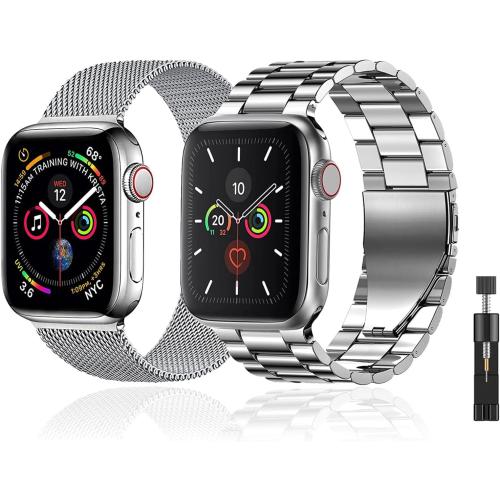 Pack 2 Metal Bands Compatible With Apple Watch Band 38/40/41/42/44/45/46/49mm,Stainless Steel&Milanese Loop Mesh for iWatch Band Series SE3 2 1/ Ultra3 2 1/11 10 9 8 7 6 5 4 3 2 1