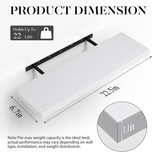 BAYKA Floating Shelves Set of 2, 22.5 Rustic Wood Wall Mounted Shelves for Bathroom, Bedroom, Living Room, Kitchen & Office, Hanging Display Shelf with 22 lbs Capacity (White)