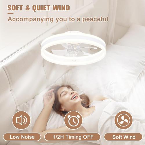 VOLISUN Fandelier Ceiling Fans with Lights and Remote, 15.7in Low Profile Ceiling Fan Flush Mount, 3000K-6500K Dimmable Bladeless LED Fan Light, White Modern Ceiling Fans with Lights for Bedroom