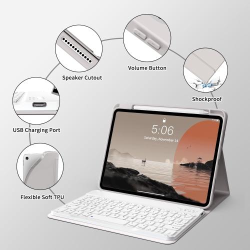 kenke for iPad 11/10th Gen Case with Keyboard 11/10.9 inch 2025 A16/2022, Detachable Wireless Bluetooth Keyboard Case Thin & Light with Built-in Left Side Pencil Holder, White Square Keycaps (Gray)