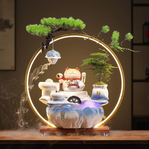 Indoor Tabletop Waterfall Fountain with Chinese Ceramic Lucky Cat Waving Arm Figurine，Desktop Mini Water Fountain Decoration，LED Light Ring Backflow Incense Burner for Desk