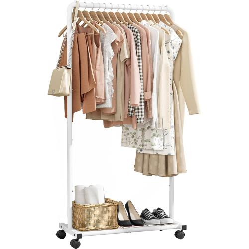 Sakugi Clothes Rack - Clothing Rack with Storage Mesh Shelf & Casters, Heavy-Duty Metal Clothing Rack for Hanging Clothes, Dresses, Coats, Large Load Capacity, Easy Assembly, White, 28.0x16.9x59.0