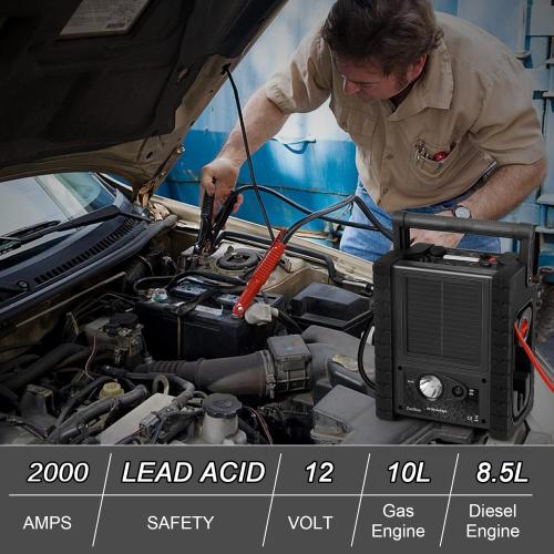 2000A Car Battery Jump Starter with Air Compressor 12V Battery Jumper Box Car Start Booster Up to 10L Gas/8L Diesel Engines with 400W AC Inverter, LED Light