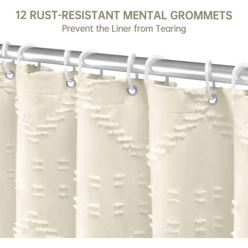Cream Boho Woven Fabric Shower Curtain, 72 x 72 Tufted Chevron Textured Striped Modern Farmhouse Minimalist Cloth Curtain for Bathroom