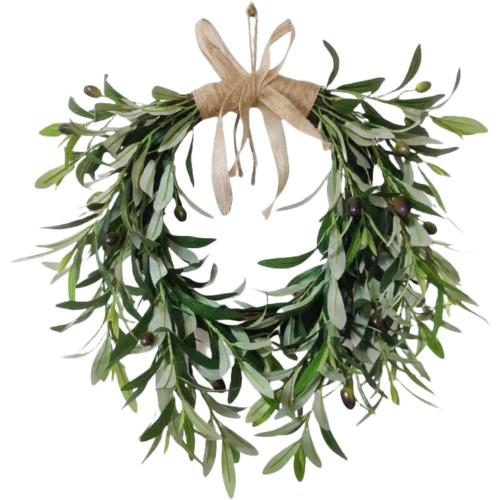 Olive Wreath, Artificial Olive Floral Teardrop Faux Green Olive Garland Fake Olive Easter Holiday with Bow Realistic Olive Home Wedding Arch Party Home Wall Garden Decorations (B)