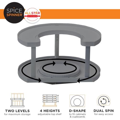 2-Tier Spice Rack Organizer for Cabinet | Rotating Lazy Susan Spice Organizer Holds 40 Spice Jars | Countertop & Pantry Spice Shelf for Kitchen Organization & Storage (Gray)