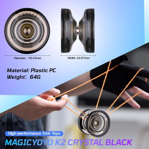 MAGICYOYO K2 Crystal Black Yoyo Professional, Responsive Yoyo for Kids Beginners with Extra Unresponsive Yo Yo Bearing, Pro Plastic Trick Yo Yo for Adults 12 Stings Bearing Removal Tool Storage Bag