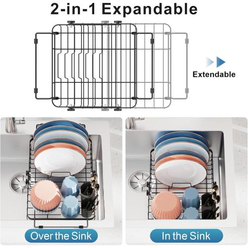 iSPECLE Expandable Dish Drying Rack for Kitchen Sink - Rust Resistant Adjustable Over The Sink Dish Drainer with Secure Locking Knob, 90° Anti-Slip L-Handles, 12.8 W x 12.4-17.1 L, Black