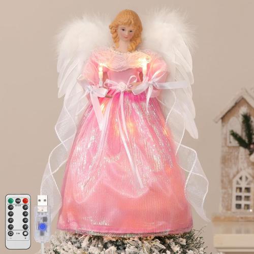 Lewondr Christmas Tree Topper Angel, 12'' Light Up Angel Tree Topper with Wings and Candle Light, 8 Modes and 6 Hrs Timer USB and Remote Operated Christmas Decor for Holiday Home Decor, Pink