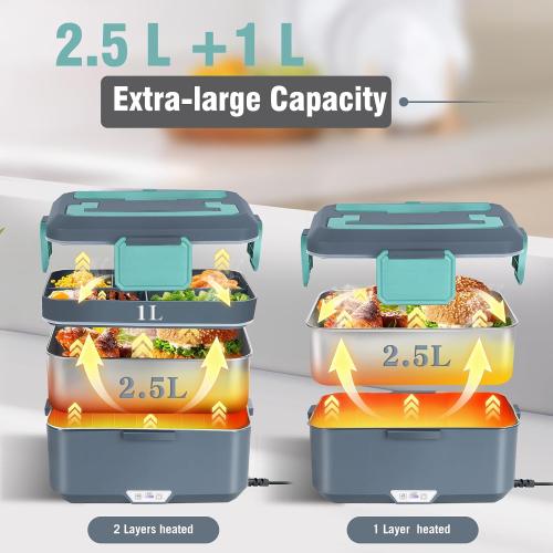 3.5L Super Large Electric Lunch Box Food Heater-Heated Lunch Box for Adults Men With Dual layer(2.5L 304 SS & 1L PP Fruit Container) 90W (12V/24V/110V) lonchera eléctrica portátil for Work/Car /Truck